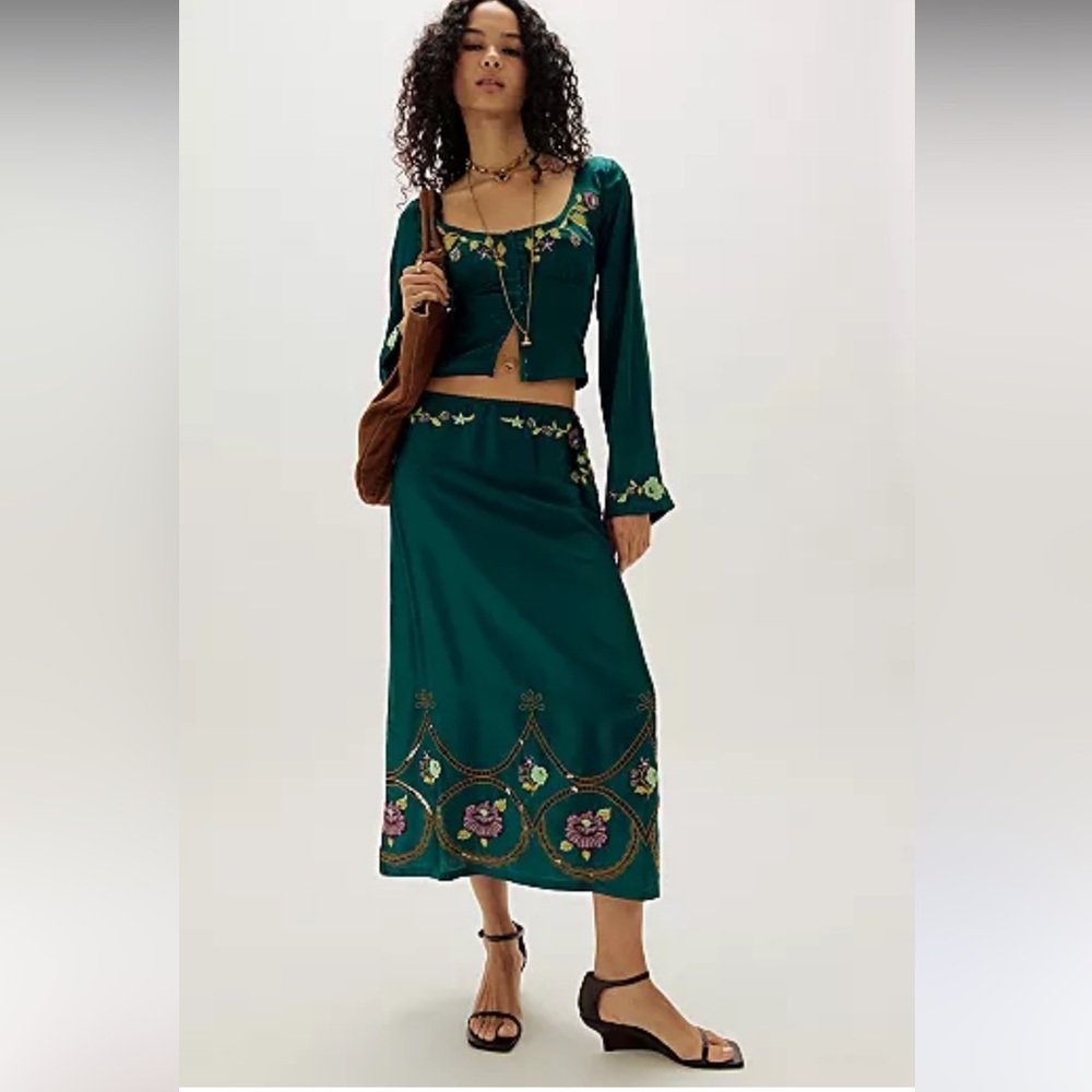 Free People James Teal Embroidered Midi Skirt Set